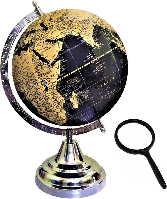 Savy 8 Inch Globe + 75 mm Magnifying Glass Steel Arc Base Cream Map Mat Black Ocean for Kids School Office Home Decorative Table Décor Antique Showpiece Gift Item Geography World Globe  (8 Inch Mat Black)