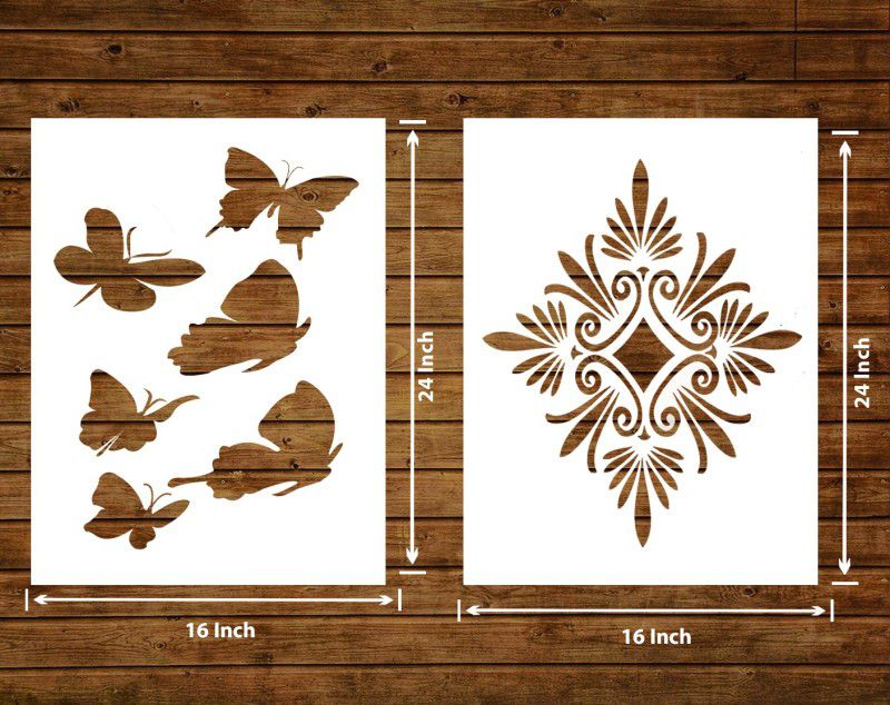Decor now 16-inch x 24-inch Modern Flower AND Butterfly Cosmo Reusable DIY Wall Stencil for Home Decor wall stencil Stencil  (Pack of 2, Modern Flower style AND Butterfly Cosmo)