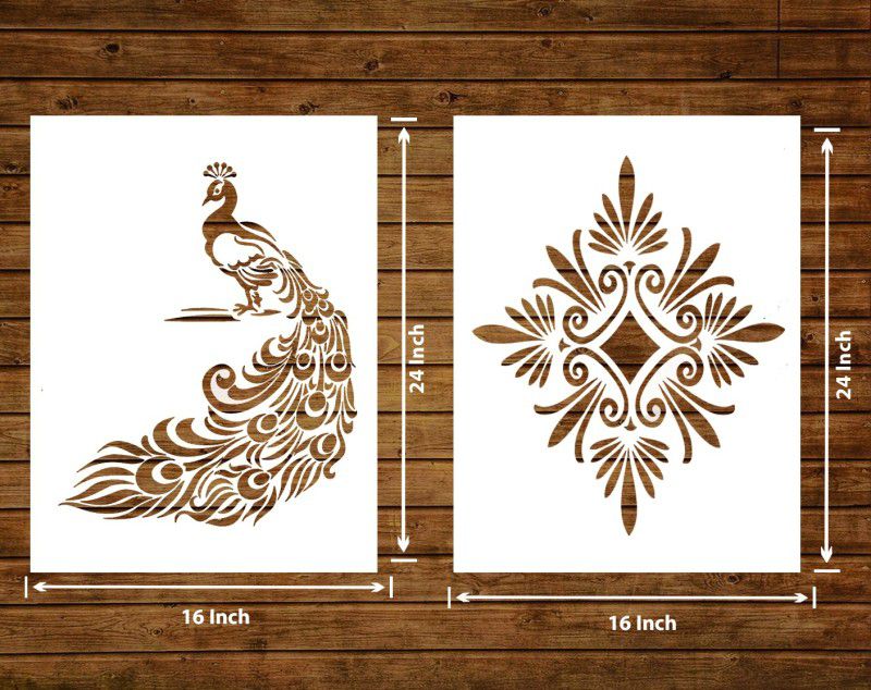 Decor now 16-inch x 24-inch Modern Flower AND Classy Peacock Reusable DIY Wall Stencil for Home Decor stencil Stencil  (Pack of 2, Classy Peacock)
