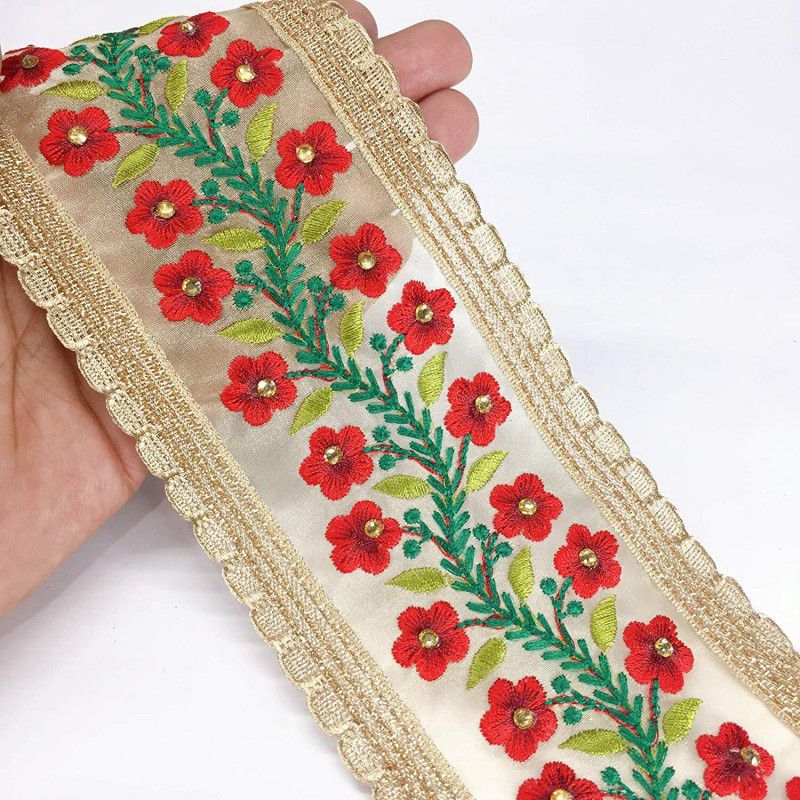 Lami 9 Meter Red Resham Embroidery Border & Gold Lace Piping Lace Reel  (Pack of 1)
