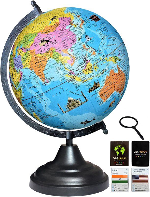 Savy 8 Inch=20.32 cm Globe, 52 Countries Trump Cards and 75 mm Magnifying Glass, Black Arc Base, Multicolor Monuments Map, Blue Ocean for Kids School Home Office Geography World Globe  (8 Inch Blue)