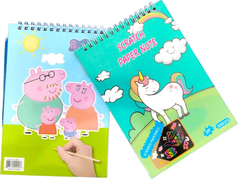 Caught Trendy Combo of 2 Peppa Pig & Unicorn Scratch Paper Drawing Book For Kids (Pack of 2 ) Theme, Scrapbook Kit  (DIY)