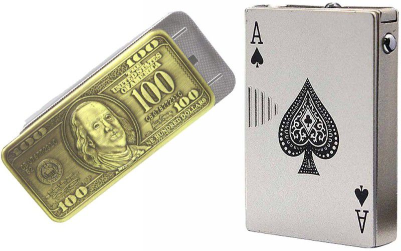 Ala Flame 100 Dollars And Card Ikka Shaped Premium Look Side Slider Windproof Jet Flame Cigarette Lighter Hookah Pocket Lighter Pack Of 2 Pocket Lighter  (Gold, Silver)