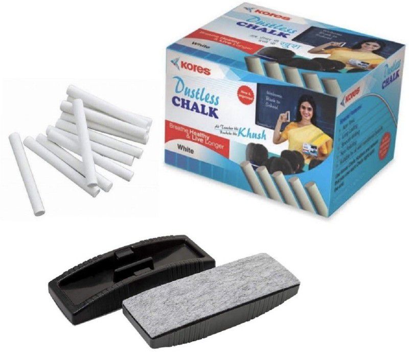 KORES WHITE Dustless 50 Chalks with 1 DUSTER (Pack of 1, 50 sticks with 1 DUSTER) Board Chalk