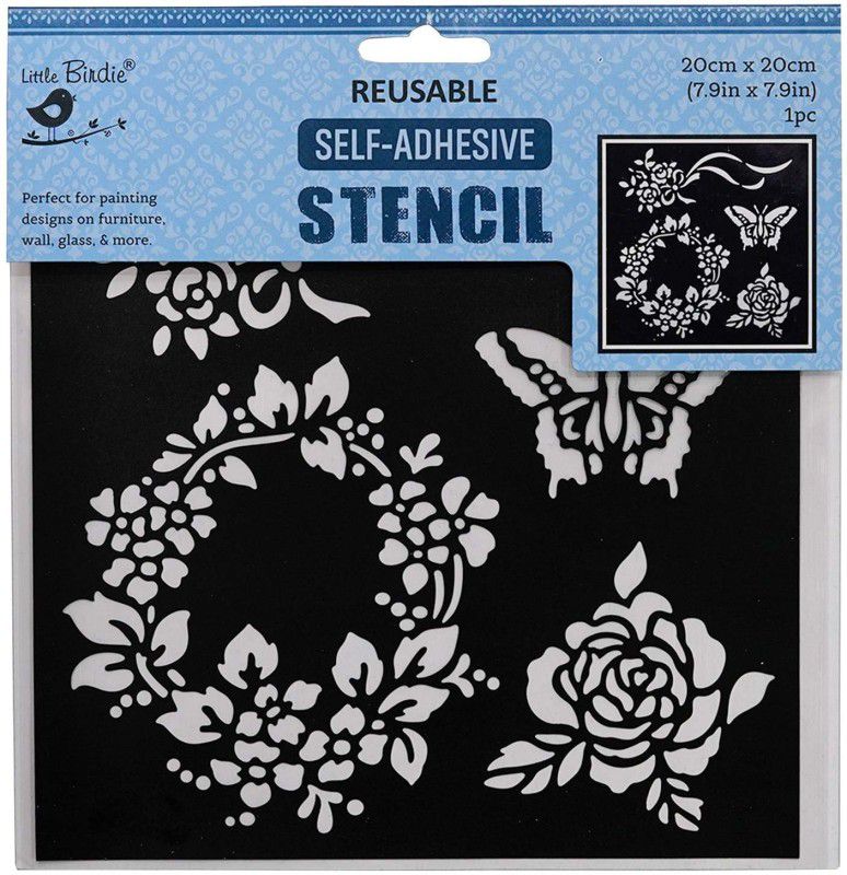 LITTLE BIRDIE Reusable Self Adhesive Stencil (7.9Inch X 7.9Inch) 1Pc paintable surface Stencil  (Pack of 1, Roses and Wreath)