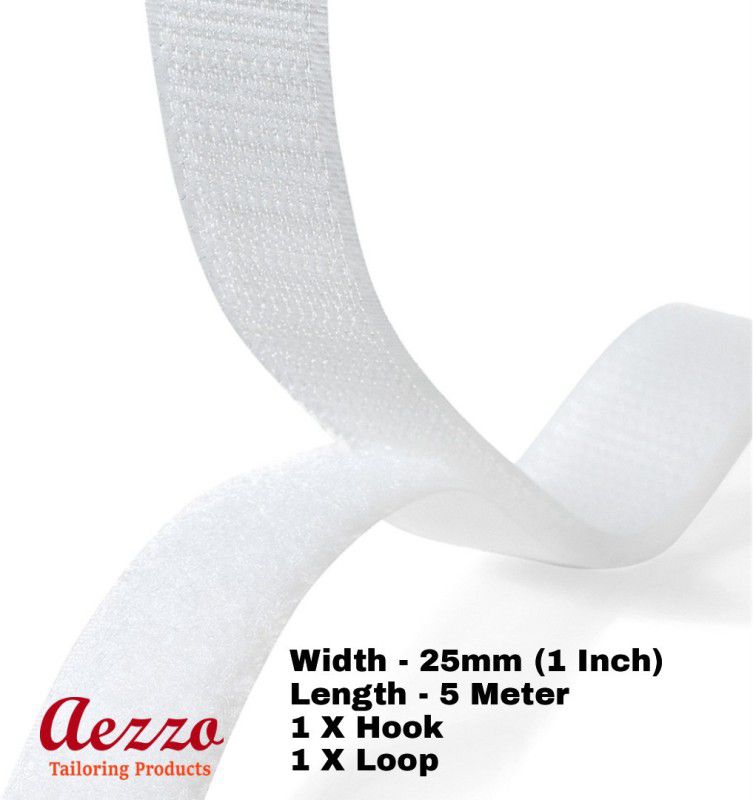 Aezzo 5 Meter White Velcro 1Inch (25mm) Width Hook + Loop Sew-on Fastener tape strips Use in Sofas Backs, Footwear, Pillow Covers, Bags, Purses, Curtains etc. (5Meter White) Sew-on Velcro  (White)