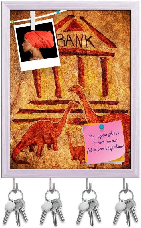 Artzfolio Dinosaurs Bank Pinboard with Key Holder Hooks White Frame 10x12.9inch (25x33cms) Cork Bulletin Board  (Multicolor 10 x 12.9 inch (25 x 33 cms))