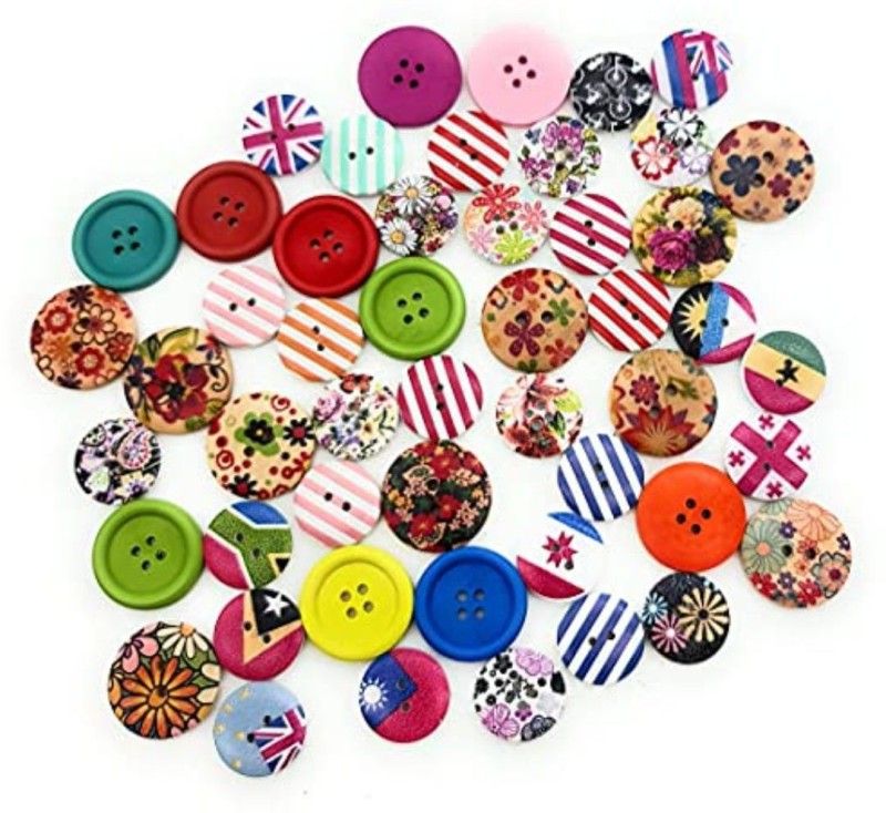 Satyam Kraft Multi Theme Wooden Buttons for Multipurpose Use, 50 Piece, Mix Wooden Buttons  (Pack of 50)