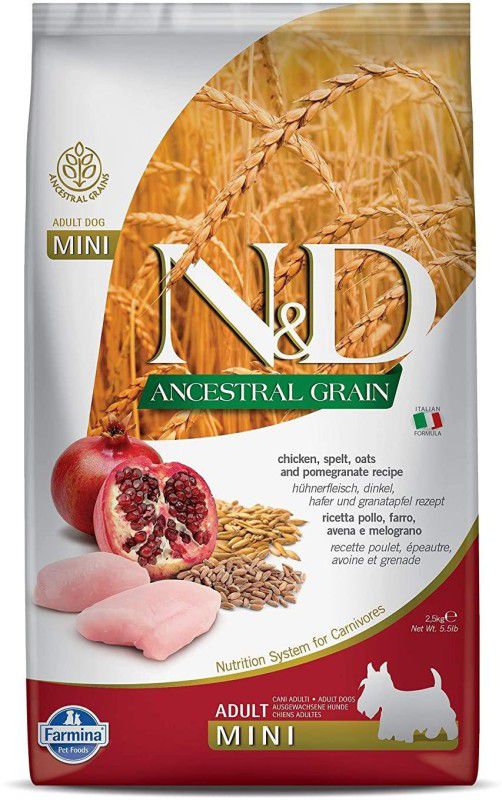 Farmina N&D Ancestral Grain Dry Dog Food, Adult Mini Breed, 2.5-kg, Chicken and Pomegranate Chicken 2.5 kg Dry Adult, Senior Dog Food