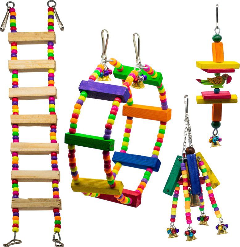 GREENBIRDS TOYS Combo Of Bird Ladder, Ferris Wheel & 2 Cage Hanginge Toys Cage Accessories Resting Toy Pet Perch Bird Toy For Cockatiel, Lovebird, Budgerigar, Finches & All Birds & Parrots Wooden Chew Toy, Training Aid, Perch For Bird
