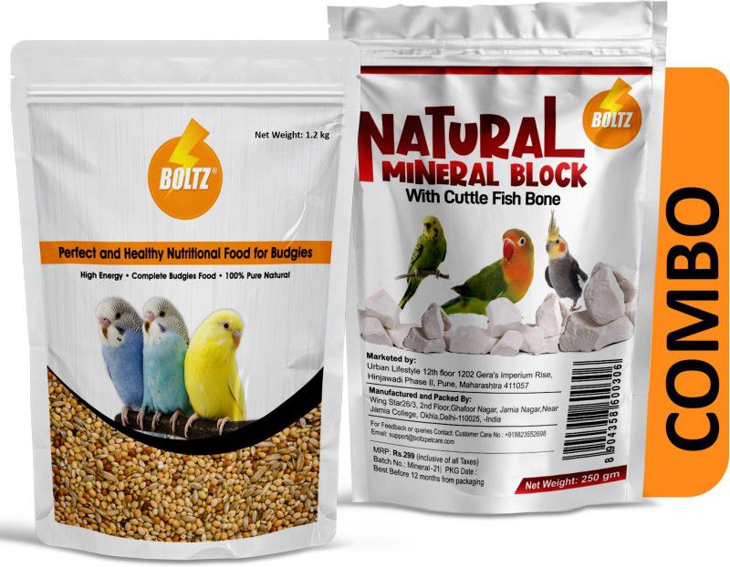 BOLTZ Combo of Premium Budgies Bird Food 1.2 Kg and Natural Mineral Block 250 gm 1.4 kg Dry Adult Bird Food