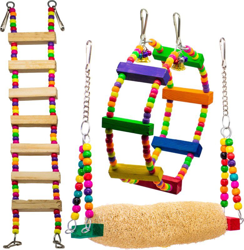GREENBIRDS TOYS Combo Of Bird Ladder, Swing & Ferris Wheel Toy Cage Accessories Resting Toy Pet Perch Bird Toy For Cockatiel, Lovebird, Budgerigar, Finches & All Birds & Parrots Wooden Chew Toy, Training Aid, Perch For Bird