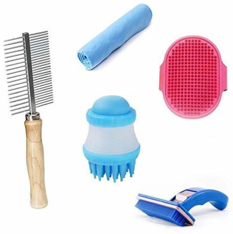 Kiki N Pooch 5 in 1 Dog Grooming Kit - Pack of Palm Gloves | Plain Towel |Shampoo Dispensor | Auto Slicker Blue| Wooden Handle Comb Pet Spa Kit
