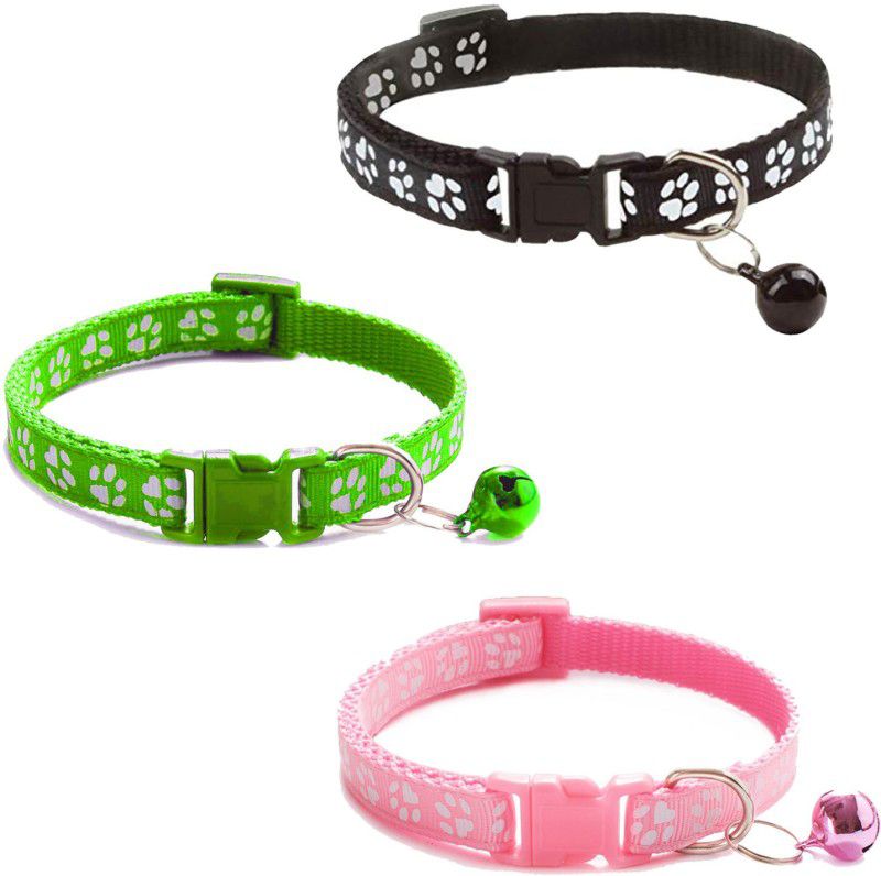 Litvibes Cat collars Set of 3 with bell,Kitten and small dogs soft adjustable collar safe,solid and protection breakaway for cats and puppies,cute kitty neckband with Paw print- (Pink,Black,Light Green) Cat Everyday Collar  (Small, Multi)