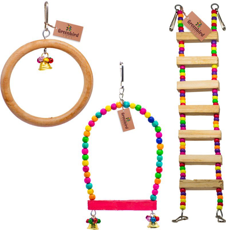GREENBIRDS Combo Of 3 Bird Toys Wooden Ladder, Perch & Ring For Bird & Parrot Wooden Chew Toy, Training Aid, Perch For Bird