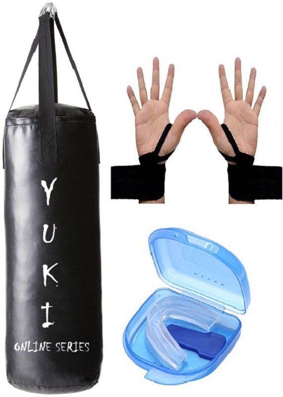 YUKI Online Series 3.0 Feet Long, PU Material, Black Color, Unfilled with Hanging Straps, 9 Feet Long Black Color Hand Wraps Pair & Mouth Guard Boxing Kit