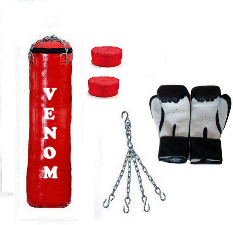 VENOM 6.0 Feet Long, SRF_STANDARD Material, Red Color, Unfilled with Hanging Chain with 9 Feet Long Red Color Hand Wraps Pair & Boxing Gloves Pair Boxing Kit