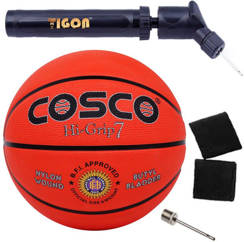 COSCO Hi-Grip Basketball (Size-7) With Tigon Dual Action Ball Pump and Needle, 2 Wrist Band Basketball Kit