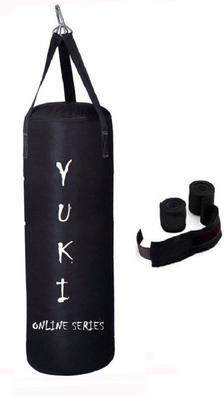 YUKI Online Series 2.0 Feet Long, PU Material, Black Color, Unfilled with Hanging Straps with 9 Feet Long Black Color Hand Wraps Pair Boxing Kit