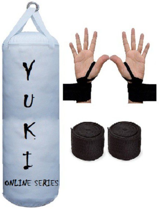 YUKI Online Series 4.0 Feet Long, PU Material, White Color, Unfilled with Hanging Straps with 9 Feet Long Black Color Hand Wraps Pair Boxing Kit
