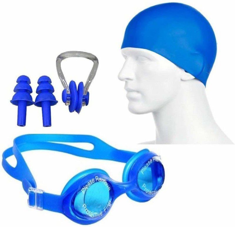 LIFE HUB Swimming Set Cap, Google , Ear Plug & Nose Clip Swimming Kit Swimming Cap  (Blue)