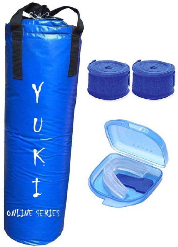 YUKI Online Series 2.5 Feet Long, Synthetic Leather Material, Blue Color, Unfilled with Hanging Straps, 9 Feet Long Blue Color Hand Wraps Pair & Mouth Guard Boxing Kit