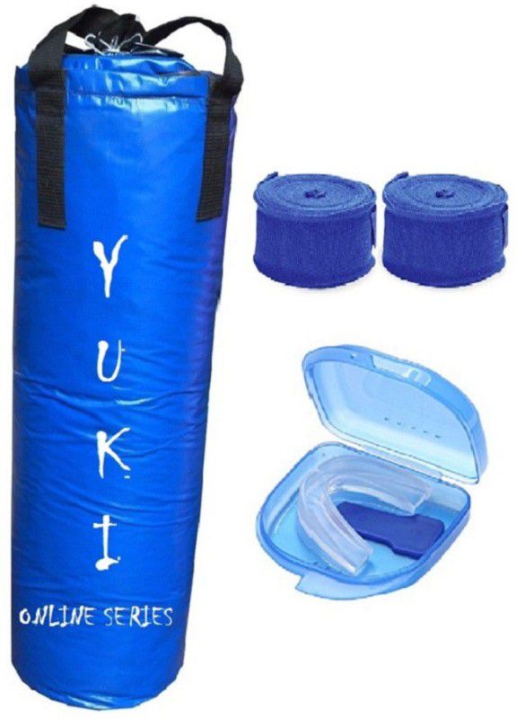 YUKI Online Series 3.0 Feet Long, Synthetic Leather Material, Blue Color, Unfilled with Hanging Straps, 9 Feet Long Blue Color Hand Wraps Pair & Mouth Guard Boxing Kit