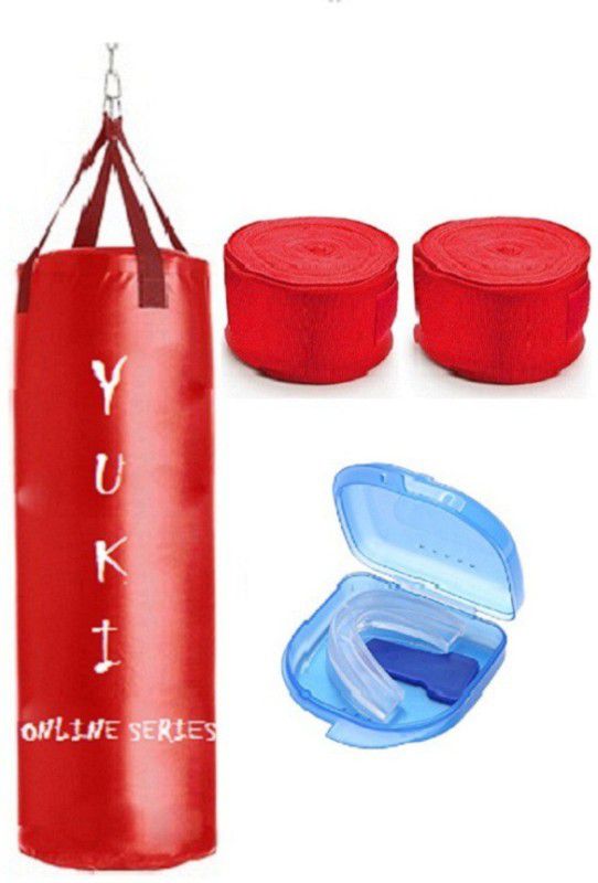 YUKI Online Series 3.0 Feet Long, Synthetic Leather Material, Red Color, Unfilled with Hanging Straps, 9 Feet Long Red Color Hand Wraps Pair & Mouth Guard Boxing Kit