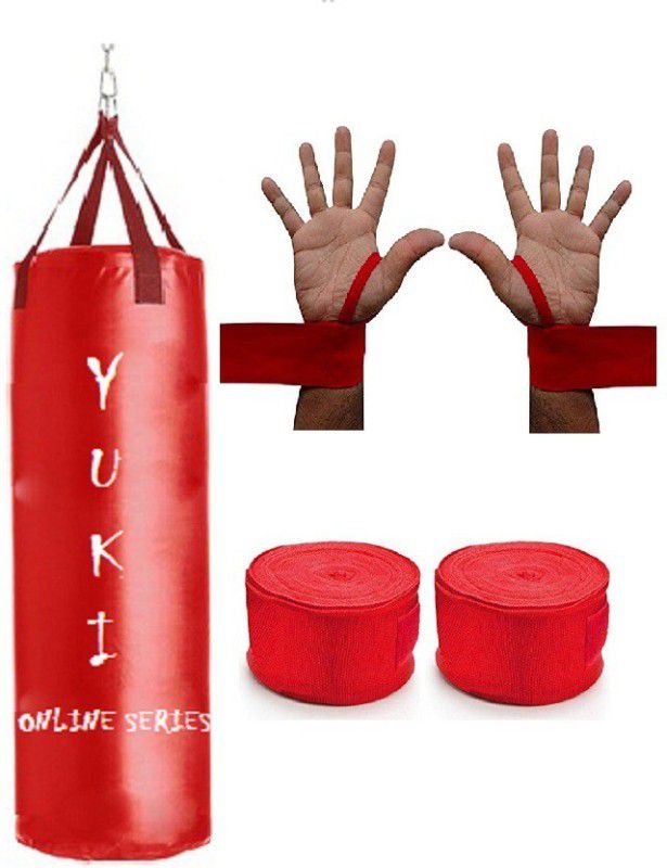 YUKI Online Series 1.5 Feet Long, Synthetic Leather Material, Red Color, Unfilled with Hanging Straps with 9 Feet Long Red Color Hand Wraps Pair Boxing Kit