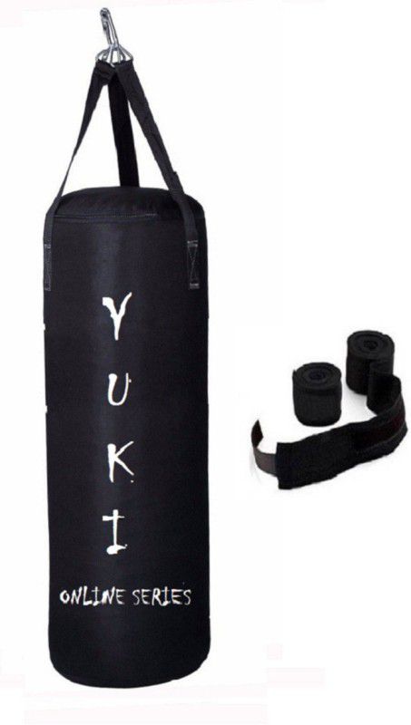 YUKI Online Series 3.5 Feet Long, Synthetic Leather Material, Black Color, Unfilled with Hanging Straps with 9 Feet Long Black Color Hand Wraps Pair Boxing Kit