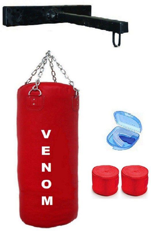 VENOM Red, Filled, 1.5 Feet, Synthetic Leather Punching Bag with Chain & 3 Accessories Boxing Kit