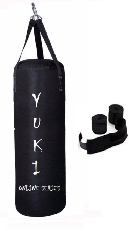 YUKI Online Series 3.0 Feet Long, PU Material, Black Color, Unfilled with Hanging Straps with 9 Feet Long Black Color Hand Wraps Pair Boxing Kit
