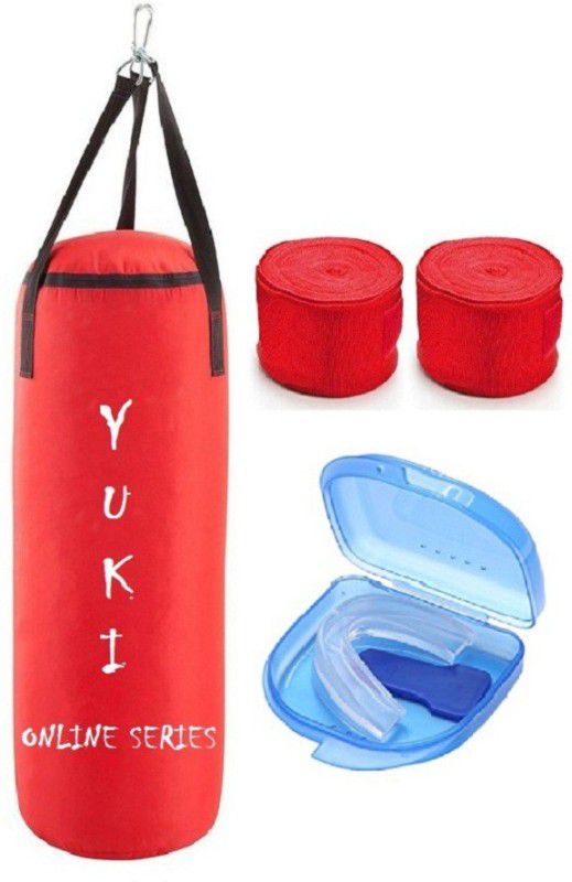 YUKI Online Series 2.5 Feet Long, PU Material, Red Color, Unfilled with Hanging Straps, 9 Feet Long Red Color Hand Wraps Pair & Mouth Guard Boxing Kit