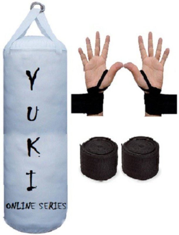 YUKI Online Series 2.5 Feet Long, PU Material, White Color, Unfilled with Hanging Straps with 9 Feet Long Black Color Hand Wraps Pair Boxing Kit