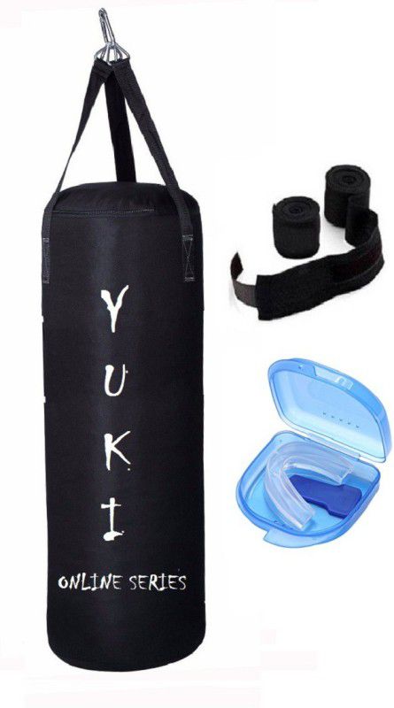 YUKI Online Series 2.0 Feet Long, CANVAS Material, Black Color, Unfilled with Hanging Straps, 9 Feet Long Black Color Hand Wraps Pair & Mouth Guard Boxing Kit