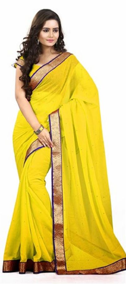 Yellow Indian soft georgette sharee with lace border