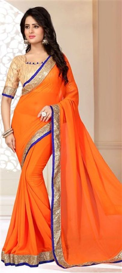 Orange Indian soft georgette sharee with lace border