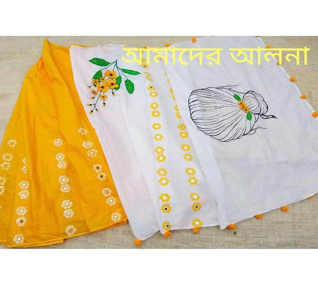 Cotton Saree With Blouse Piece & Jute Crafted Ornaments Set