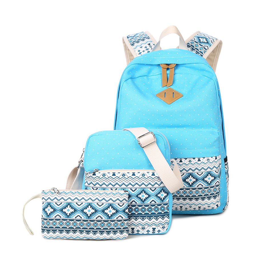 3 Pcs/set Student School Bag Canvas EthMinic Style Large-capacity Printed Backpack For ldren color