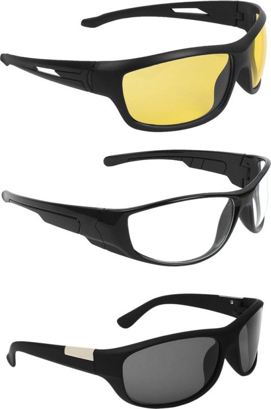 UV Protection Wrap-around Sunglasses (Free Size)  (For Men & Women, Yellow, Clear, Black)