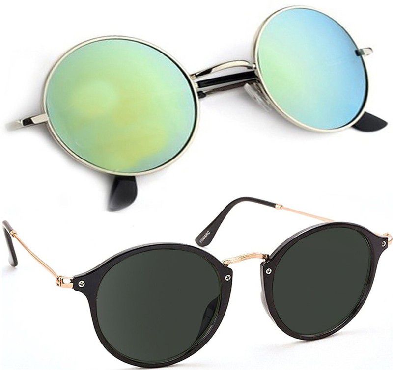 Mirrored, UV Protection Cat-eye, Round Sunglasses (53)  (For Men & Women, Black, Green)