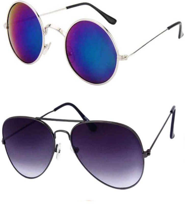 UV Protection Round, Aviator Sunglasses (Free Size)  (For Men & Women, Black, Blue)