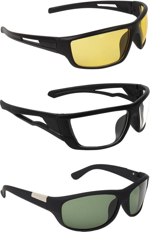 UV Protection Wrap-around Sunglasses (Free Size)  (For Men & Women, Yellow, Clear, Green)