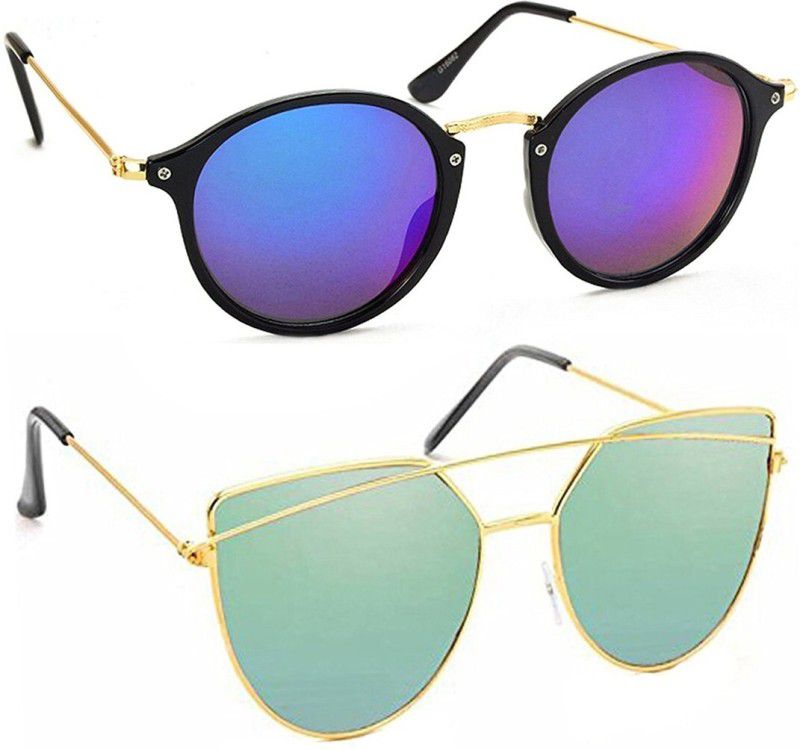 Mirrored, UV Protection Cat-eye, Aviator Sunglasses (53)  (For Men & Women, Blue, Green)