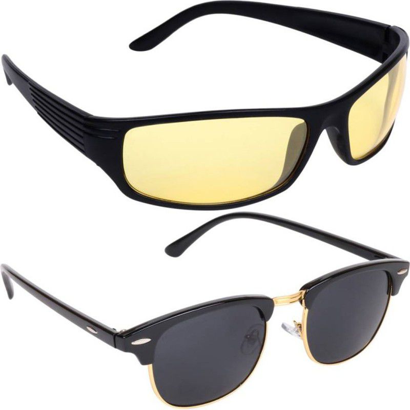 UV Protection, Polarized Wrap-around, Clubmaster Sunglasses (Free Size)  (For Men & Women, Yellow, Black)