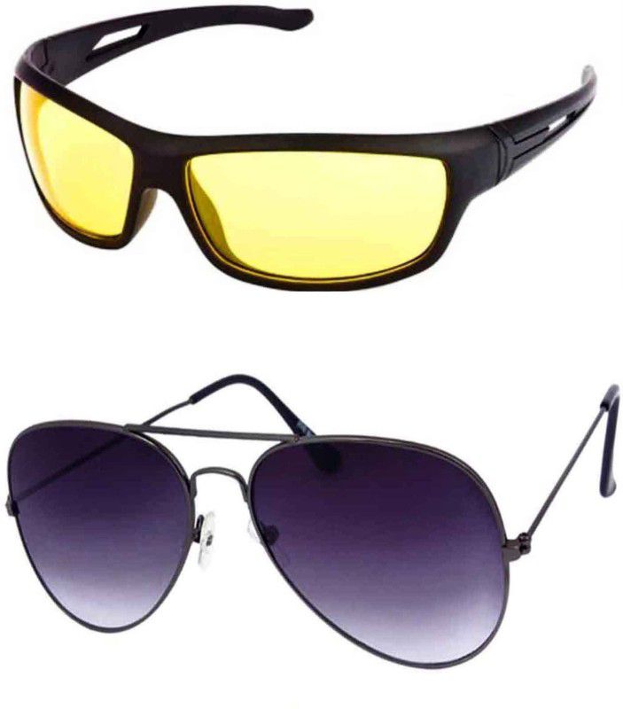 UV Protection Wrap-around, Aviator Sunglasses (Free Size)  (For Men & Women, Black, Yellow)