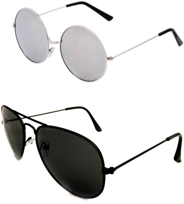 UV Protection Round, Aviator Sunglasses (Free Size)  (For Men & Women, Black, Silver)