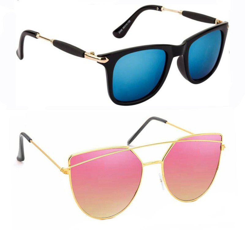 Mirrored, UV Protection Wayfarer, Over-sized Sunglasses (53)  (For Men & Women, Blue, Pink)