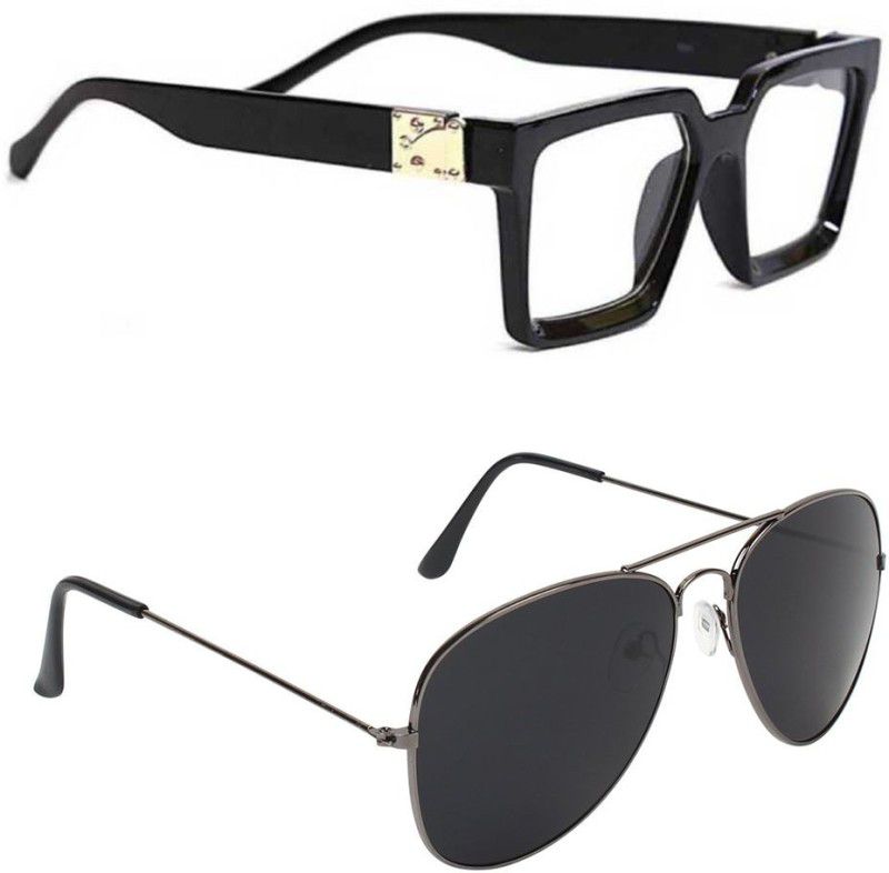 UV Protection Rectangular, Aviator Sunglasses (Free Size)  (For Men & Women, Clear, Black)