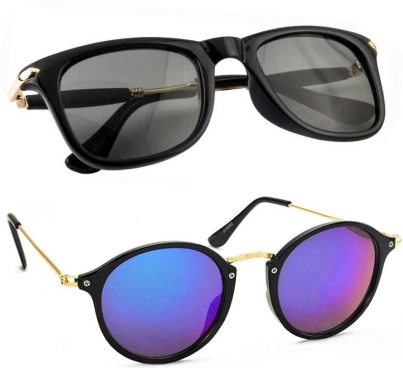 UV Protection Wayfarer, Round Sunglasses (Free Size)  (For Men & Women, Black, Blue)